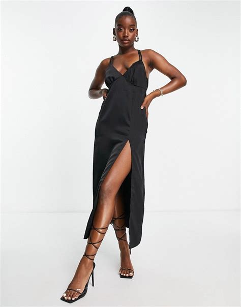 In The Style x Yasmin Chanel satin maxi dress with thigh split in 